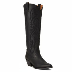 Tuhoomall Western Mid Calf Boots for Women, Embroidered Pointed Toe, Chunky Heel, Slip-On Design for Casual Style