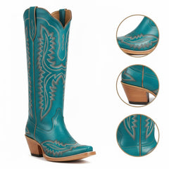 Tuhoomall Western Knee-High Cowgirl Boots with Chunky Heel and Floral Embroidery for Outdoor Fashion and Casual Wear