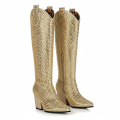 Tuhoomall Rhinestone Western Mid-Calf Boots for Women, Stylish 3.15 in Chunky Heel, Vegan Suede, Perfect for Parties and Performances