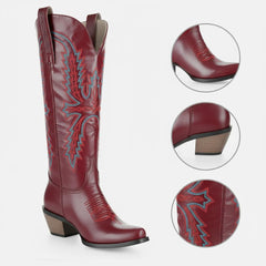 Tuhoomall Western Floral Embroidered Cowboy Boots for Women, Slip-On Low Chunky Heel, All-Season Comfort and Style