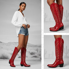 Tuhoomall Western Knee-High Boots with Studs and Rhinestones, Low Chunky Heel 2.25 in, All-Season Fashionable Casual Footwear
