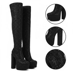 Tuhoomall Thigh High Satin Platform Boots with Chunky Heel and Rhinestone Embellishments for Parties and Special Occasions