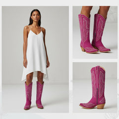 Tuhoomall Stylish Western Mid-Calf Boots for Women - Embroidered Vegan Leather, 2.76in Low Chunky Heel, Perfect for Year-Round Casual Wear