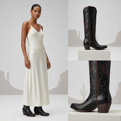 Tuhoomall Western Style Knee-High Boots, Embroidered Vegan Leather, 5.5cm Chunky Heel, Fashion Casual for All Seasons