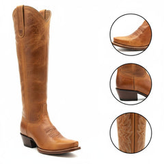 Tuhoomall Retro Western Knee-High Boots for Women, Stylish Leather Design with Embroidery, Slip-On Comfort, Ideal for Work and Casual Wear