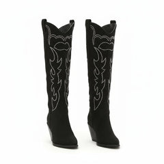 Tuhoomall Western Mid Calf Boots With Floral Embroidery And Rhinestones, Casual Style For Parties And Travel, Comfortable Rubber Sole, Chunky Heel 3.00 in Tuhoomall