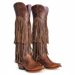 Tuhoomall Western Knee-High Cowboy Boots, Chunky Heel, Fringe & Studs, Retro Style, Casual Wear, All Seasons
