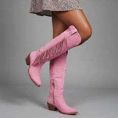 Tuhoomall Fringe Western Knee High Boots for Women, Soft Vegan Suede, Embroidered Design, Perfect for Vintage, Casual, and Party Wear