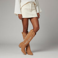 Tuhoomall Embroidered Western Chunky Heel Boots for Women - Pointed Toe, Zipper Closure, Mid-Calf Height, Stylish Vegan Leather, Perfect for All Seasons