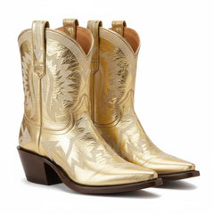 Tuhoomall Metallic Western Ankle Boots for Women - Stylish Slip-On Design with Embroidered Floral Pattern, Casual All-Season Footwear