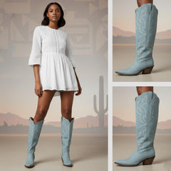Tuhoomall Western Knee-High Boots with Elegant Embroidery, Stylish Mid Heel for Casual and Office Wear, Durable Faux Suede Leather, All-Season Fashion