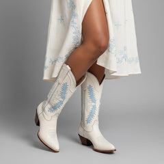 Tuhoomall Western Mid Calf Boots for Women with Rubber Sole, 5.1 cm Chunky Heel, Stylish Embroidery for Casual and Office Wear