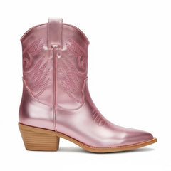 Tuhoomall Metallic Cowboy Ankle Boot with Chunky Block Heel, Pointed Toe, Embroidered Design for Casual Fashion Use, Vegan Leather, All Seasons