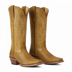 Tuhoomall Western Cowgirl Boots Mid Calf Chunky Heel Slip-On Embroidered Fashion Boots for Travel Outdoor Classic Style