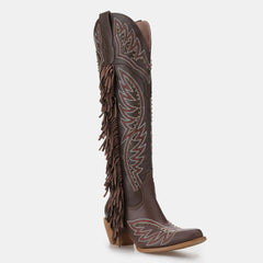 Tuhoomall Western Knee-High Boots with Chunky Heel, Embroidered Fringe Design, Stylish for Casual and Special Occasions, Durable Rubber Sole Tuhoomall