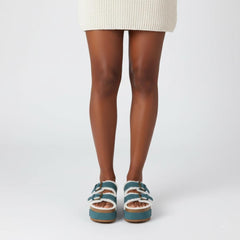 Tuhoomall Blue Faux Suede Fur-Lined Studs Double Buckle Strap Round Platform Cork Sandals Slippers