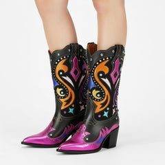 Tuhoomall Western Cowboy Ankle Boots for Women, Stylish Short Booties with Rhinestones for Parties and Runway Performances