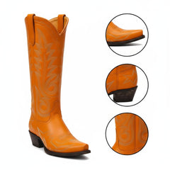 Tuhoomall Western Cowgirl Knee-High Boots, Chunky Heel, Embroidered Floral Design, Slip-On Style for Parties and Casual Outings