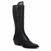 Tuhoomall Knee-High Boots With Lace-Up Design, Pointed Toe, Rubber Sole, Vintage Style, Embroidered Mesh, Casual All-Season Footwear Tuhoomall