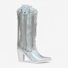 Tuhoomall Chunky Heel Western Rhinestone Booties with Fringes for Fashion Events, Pointed Toe, Slip-On Style, All-Day Comfort, Eye-Catching Design