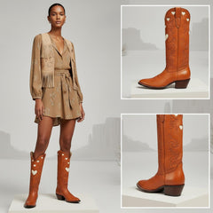 Tuhoomall Western Knee High Boots With Rubber Sole, 5cm Chunky Heel, Embroidered Sweet Pink Hearts For Casual Fashion All Year Round