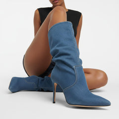 Tuhoomall Slouch Mid Calf Boots For Parties & Performances, Pointed-Toe, Flared Heel, Classic Denim Design, 3.54 in Heel Height Tuhoomall
