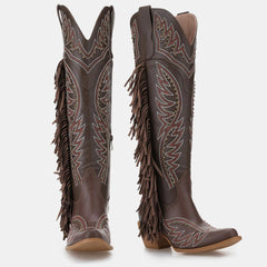 Tuhoomall Western Knee-High Boots with Chunky Heel, Embroidered Fringe Design, Stylish for Casual and Special Occasions, Durable Rubber Sole Tuhoomall