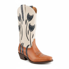 Tuhoomall Western Cowboy Boots for Women, Comfortable Floral Embroidered Mid-Calf Booties for Parties, Casual Wear and Events