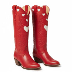 Tuhoomall Western Knee High Boots With Rubber Sole, 5cm Chunky Heel, Embroidered Sweet Pink Hearts For Casual Fashion All Year Round