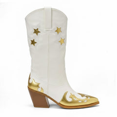 Tuhoomall Off White Star Metallic Gold Applique Wide Mid Calf Boots Slanted Heeled Cowgirl Boots