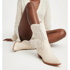 Tuhoomall Cowboy Style Chunky Heel Ankle Boots for Women, Pointed Toe, Zipper Closure, Stylish Crochet Detailing, Perfect for Work and Casual Outings