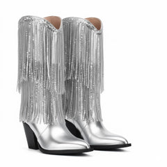 Tuhoomall Chunky Heel Ankle Boots for Women, Pointed Toe, Sequined Fringes, Stylish & Comfortable for Parties and Performances