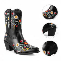 Tuhoomall Stylish Western Ankle Boots with Floral Embroidery, Rubber Sole, Chunky 5cm Heel for Classic and Casual Looks