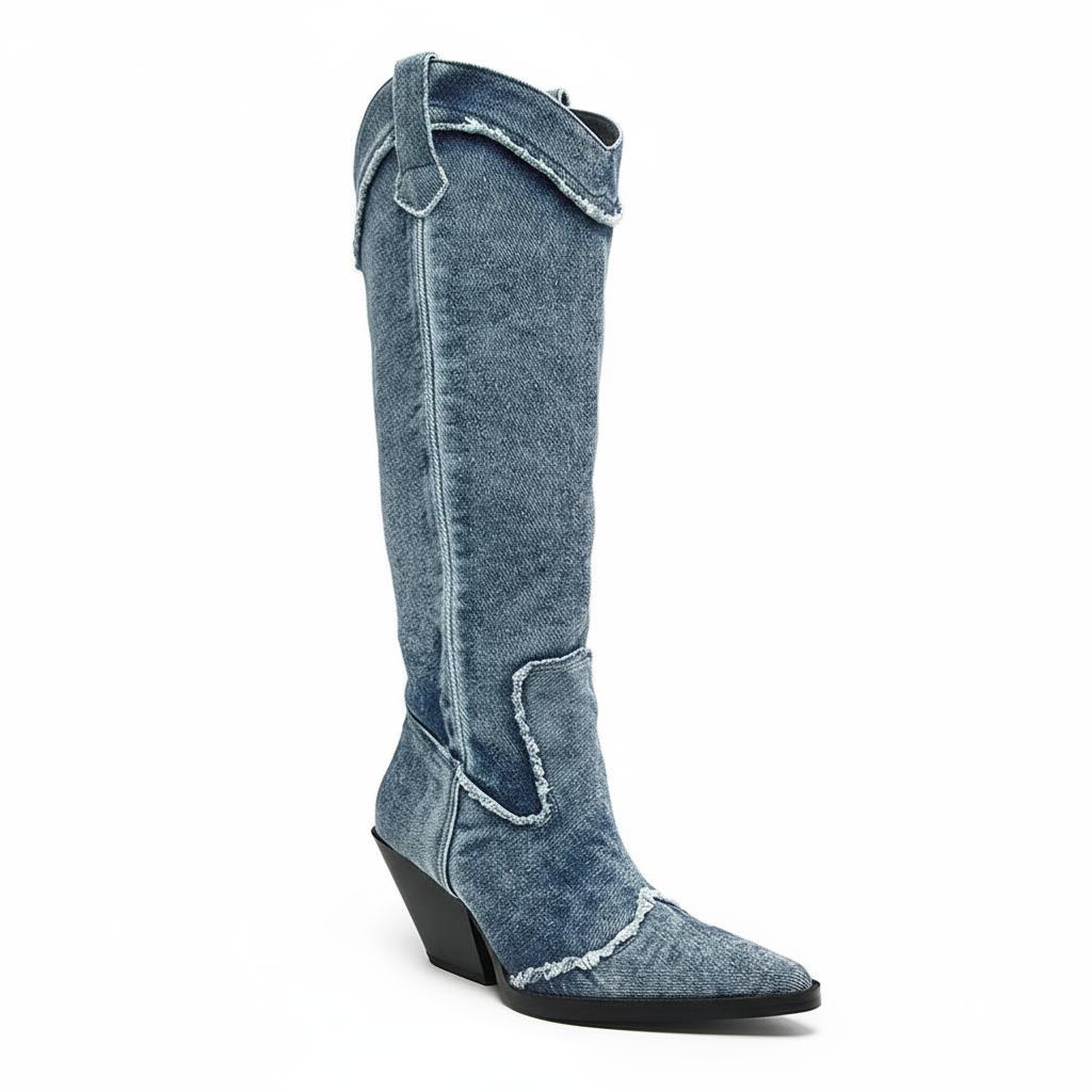 Tuhoomall Western Style Knee High Boots for Women, Retro Chunky Heels, Distressed Denim, Chic Pointed Toe, All-Season Slip-On Comfort Tuhoomall
