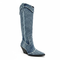 Tuhoomall Western Style Knee High Boots for Women, Retro Chunky Heels, Distressed Denim, Chic Pointed Toe, All-Season Slip-On Comfort