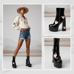 Tuhoomall Chunky Heeled Ankle Boots for Women, Heart Pattern, Zipper Closure, All-Season Fashion, Perfect for Parties and Travel