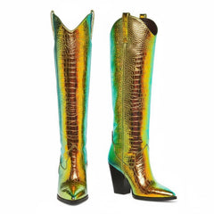 Tuhoomall Western Knee-High Boots for Women, Slip-On High Heels 3.74in, Metallic Finish, Fashion-Forward Design, Perfect for Performances and Street Style