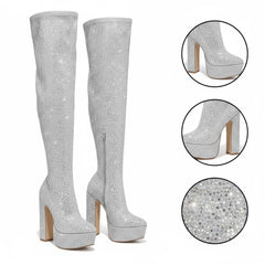 Tuhoomall Thigh High Satin Platform Boots with Chunky Heel and Rhinestone Embellishments for Parties and Special Occasions