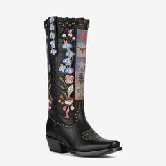 Tuhoomall Western Style Mid-Calf Boots with Floral Design and Stud Details for Fashionable Parties and Everyday Wear, 5cm Chunky Heel Tuhoomall