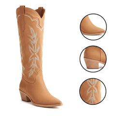 Tuhoomall Embroidered Western Chunky Heel Boots for Women - Pointed Toe, Zipper Closure, Mid-Calf Height, Stylish Vegan Leather, Perfect for All Seasons