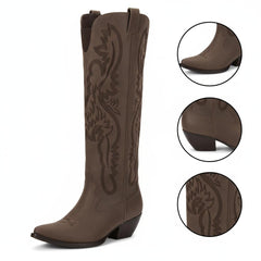 Tuhoomall Western Mid Calf Boots for Women, Embroidered Pointed Toe, Chunky Heel, Slip-On Design for Casual Style