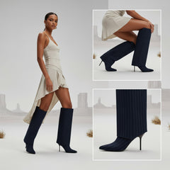 Tuhoomall Fashion Women's Foldable Ankle Boots, Striped Pointed Toe, 7cm Stiletto Heels for Work and Casual Wear