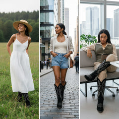 Tuhoomall Western Embroidered Pointed Toe Chunky Heel Slip-On Mid Calf Boots for Women, Retro Casual Style, Perfect for Weddings and Everyday Wear