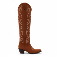 Tuhoomall Western Knee-High Boots for Fashion Casual Style with Embroidered Design and Chunky Heel, Ideal for Ranch and Outdoor Activities