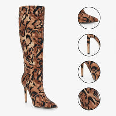 Tuhoomall High Boots with Rhinestone Animal Print, Sparkling High Heel Stiletto, Comfortable Slip-On for Parties and Casual Events Tuhoomall