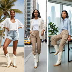 Tuhoomall Off White Star Metallic Gold Applique Wide Mid Calf Boots Slanted Heeled Cowgirl Boots