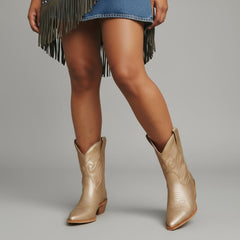 Tuhoomall Metallic Cowboy Ankle Boot with Chunky Block Heel, Pointed Toe, Embroidered Design for Casual Fashion Use, Vegan Leather, All Seasons