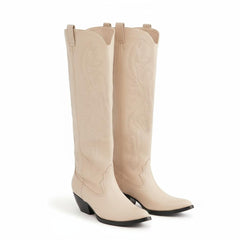 Tuhoomall Western Mid Calf Boots for Women, Embroidered Pointed Toe, Chunky Heel, Slip-On Design for Casual Style