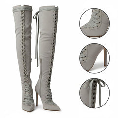 Tuhoomall Knee-High Boots For Bridal Occasion, Pointed-Toe Stiletto Heel, Lace-Up Design, Solid Color, 4" Heel Height, All-Season Wear