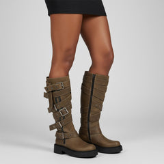 Tuhoomall Retro Chunky Knee-High Boots For Women, Comfortable Round Toe, Zipper Closure, Studded Design, Stylish Casual Footwear